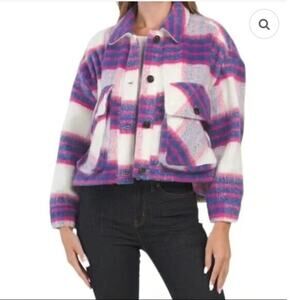 Blank NYC Prime Time oversized purple pink plaid fuzzy shacket jacket XS